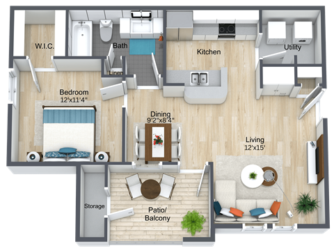 Floor plan for 1 bed, 1 bath, 700 sqft